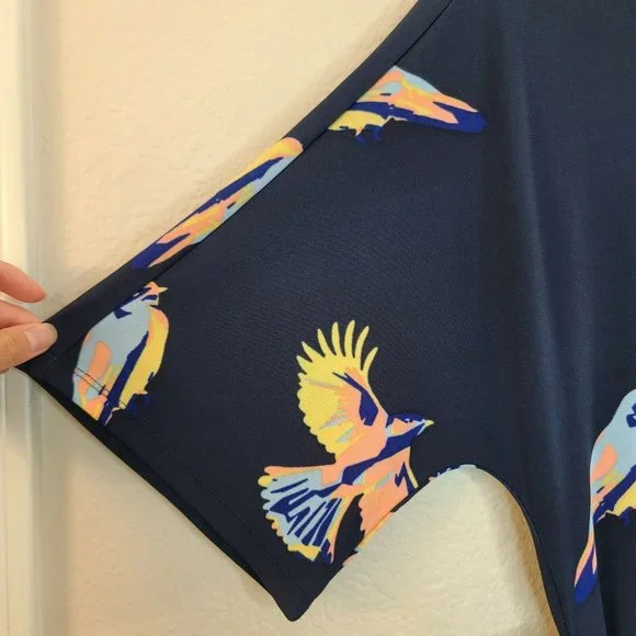 Deletta Top Women XS Petite Navy Bird Novelty Print Knit Dolman Sleeve Tie Waist - Picture 4 of 12